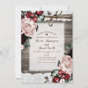 Invitation Glam Floral Rustic Wood & Lace Barn Mariage
