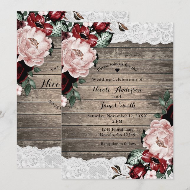 Invitation Glam Floral Rustique Bois dentelle Mariage campagn (Devant / Derrière)