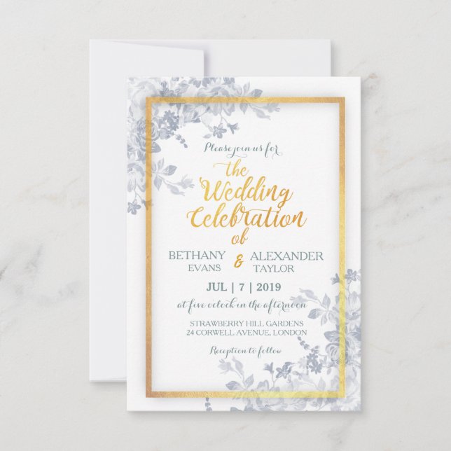 Invitation Glam Flowers Gold Frame Calligraphie Mariage Invit (Devant)