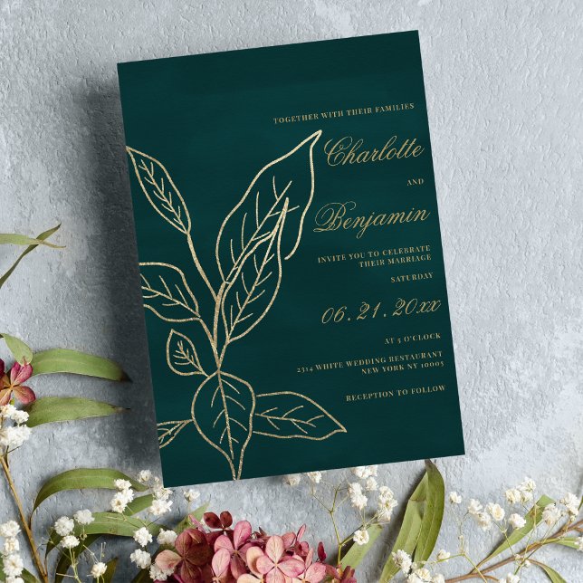 Invitation Glam forêt or vert parties scintillant feuille fle (Glam forest green gold glitter floral leaf wedding)