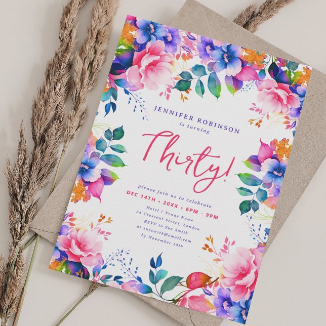 Invitation Glam Garden Watercolor Floral 30e anniversaire (Glam Garden Watercolor Floral 30th Birthday Invitation)