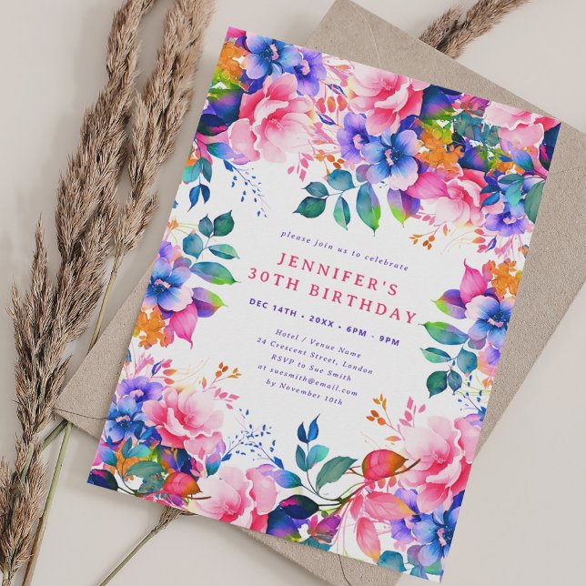 Invitation Glam Garden Watercolor Floral 30e anniversaire (Glam Garden Watercolor Floral 30th Birthday Invitation)