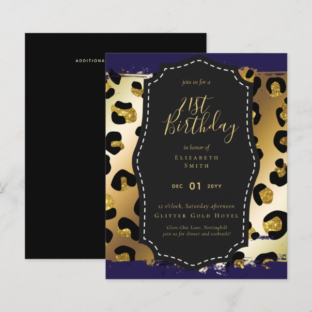 Invitation Glam Girly Glitter pour 21e anniversair (Devant / Derrière)