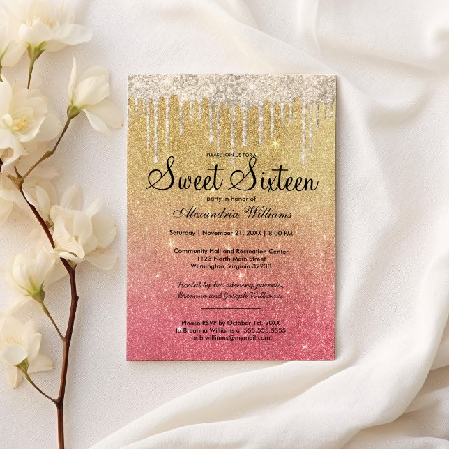 Invitation Glam girly rose or ombre gouttes de parties scinti (Glam girly pink gold ombre glitter drips Sweet 16)