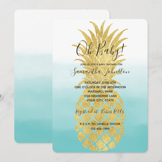 Invitation Glam Gold Ananas Aqua Aquarelle Ombre (Devant / Derrière)