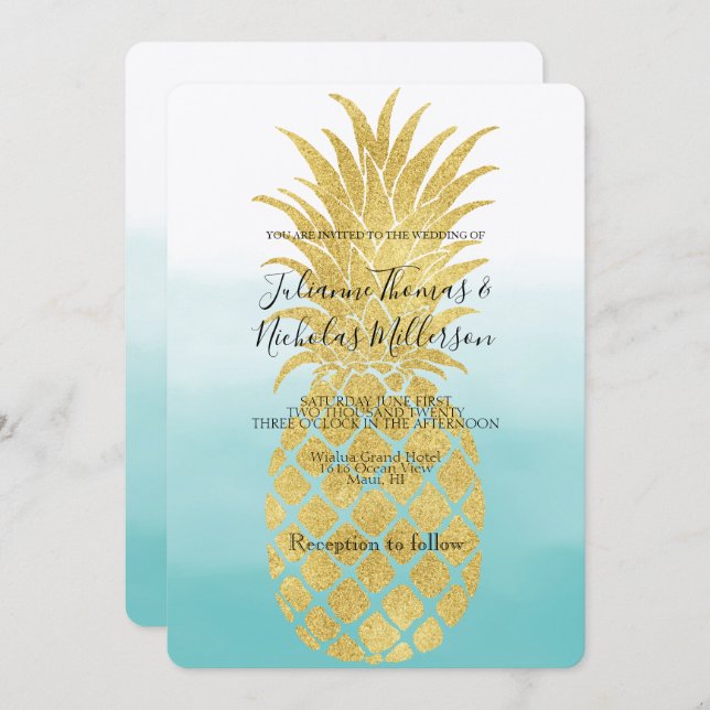 Invitation Glam Gold Ananas Aqua Aquarelle Ombre Mariage (Devant / Derrière)