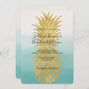 Invitation Glam Gold Ananas Aqua Aquarelle Ombre Mariage