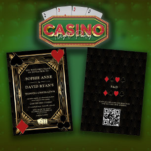 Invitation Glam Gold Art Déco Casino Code QR Poker Mariage