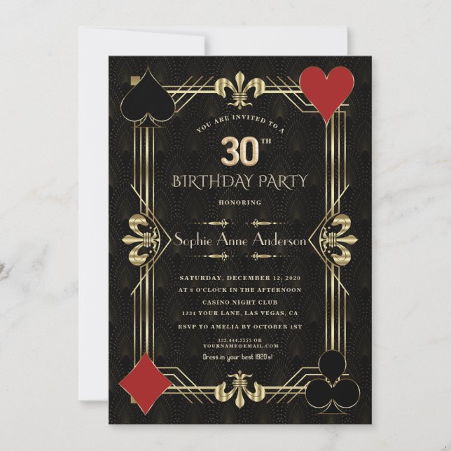 Invitation Glam Gold Art Deco Casino Las Vegas 30e anniversai (Devant)