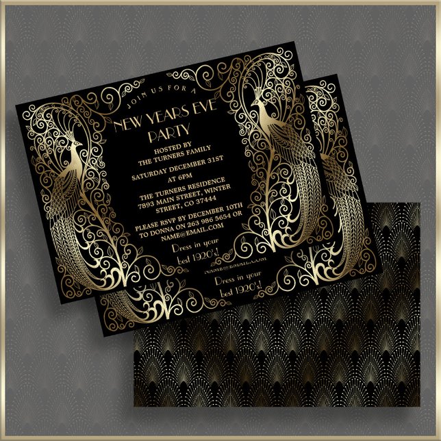 Invitation Glam Gold Art Déco Peacocks Nouvel An (New Years eve party invitation, trendy black gold peacock new year party invite, elegant roaring 20s)
