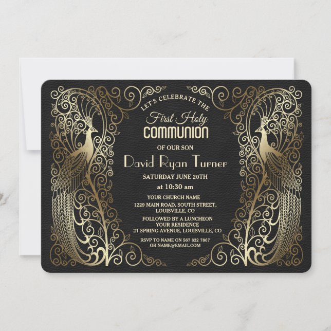 Invitation Glam Gold Art Déco Peacocks Première communion sai (Devant)