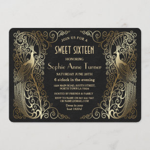 Invitation Glam Gold Art déco Peacocks Sweet sixteen Party
