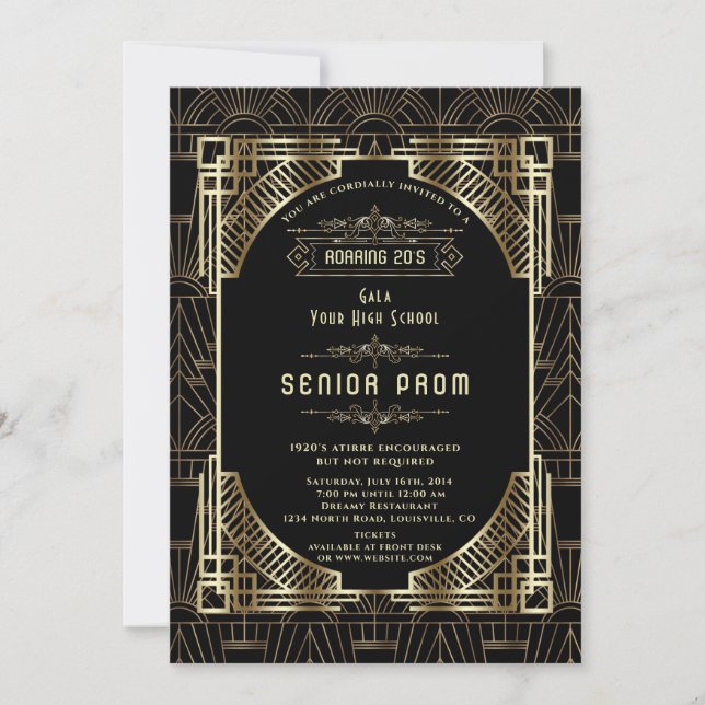 Invitation Glam Gold Black Deco Gatsby 20s Style Senior PROM (Devant)