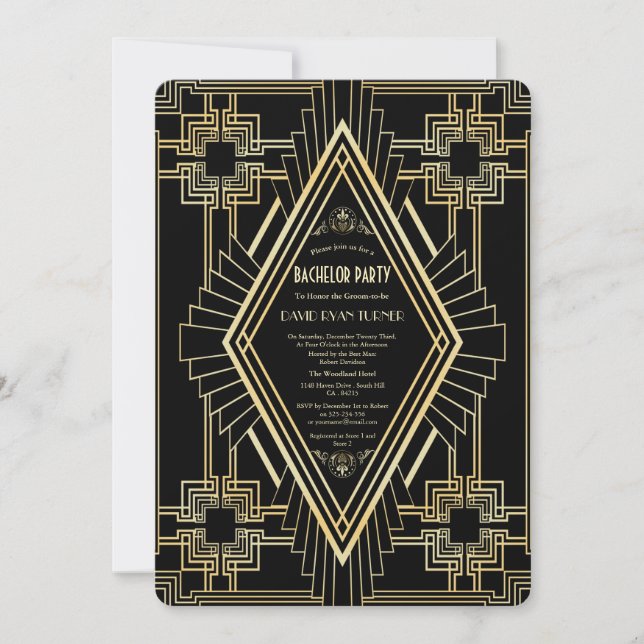 Invitation Glam Gold Black Gatsby Enterrement de Vie de Célib (Devant)