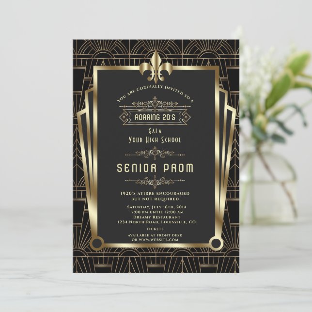 Invitation Glam Gold Black Gatsby Roaring 20s Senior PROM (Debout devant)