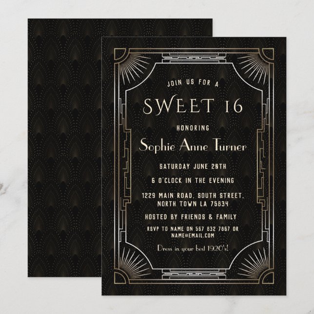 Invitation Glam Gold Black Great Gatsby Art Déco 20s SWEET 16 (Devant / Derrière)