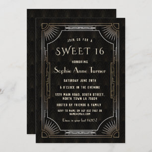 Invitation Glam Gold Black Great Gatsby Art Déco 20s SWEET 16