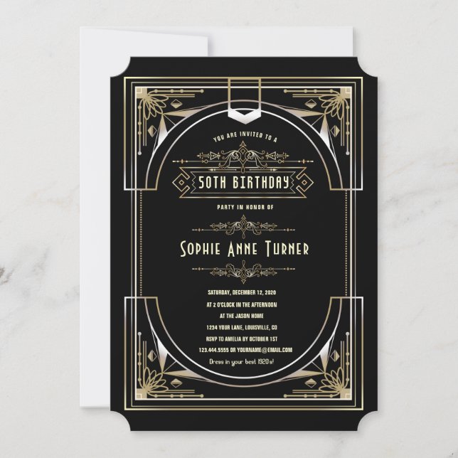 Invitation Glam Gold Black Great Gatsby Art Déco 50 Anniversa (Devant)