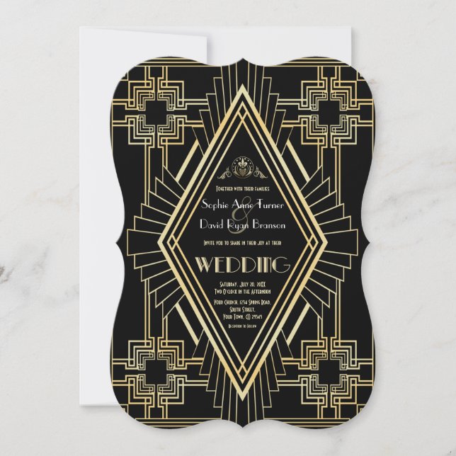 Invitation Glam Gold Black Great Gatsby Mariage (Devant)