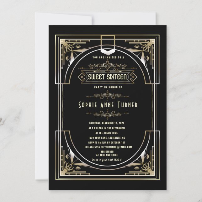 Invitation Glam Gold Black Great Gatsby Sweet sixteen (Devant)
