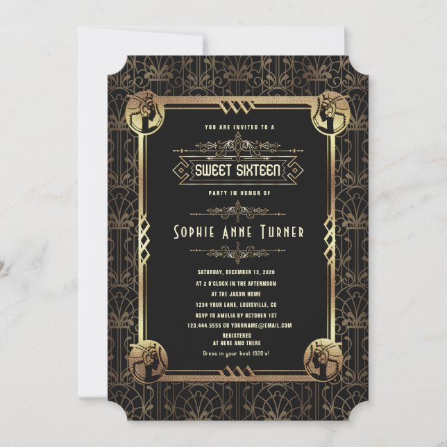 Invitation Glam Gold Black Great Gatsby Sweet sixteen (Devant)