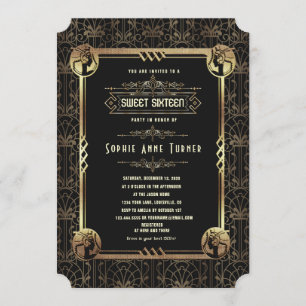 Invitation Glam Gold Black Great Gatsby Sweet sixteen