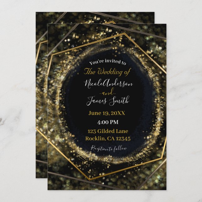 Invitation Glam Gold & Black Modern Glam Mariage Abstrait (Devant / Derrière)