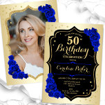 Invitation Glam Gold Black Royal Blue Photo 50e anniversaire<br><div class="desc">Elégante invitation à 50e anniversaire fleurie avec votre photo au verso de la carte. Design de glam avec faux or. Comprend des roses bleus royaux, des caractères de script et des confettis. Parfait pour une fête anniversaire adulte élégante. Personnalisez avec vos propres détails. Peut être customisé pour n'importe quel âge...</div>