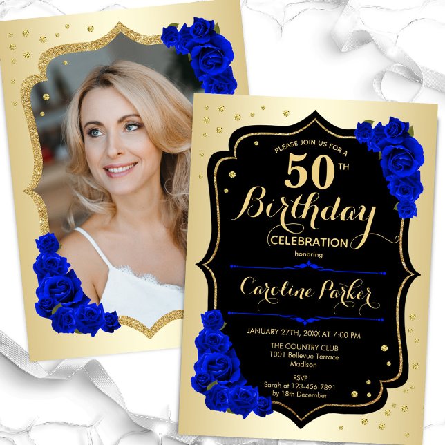 Invitation Glam Gold Black Royal Blue Photo 50e anniversaire (Créateur téléchargé)