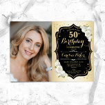 Invitation Glam Gold Black White 50e photo Anniversaire<br><div class="desc">Elégante invitation au 50e anniversaire fleurie féminine avec votre photo. Design de glam avec faux or. Comprend des roses blanches, des caractères de script et des confettis. Parfait pour une fête anniversaire adulte élégante. Personnalisez avec vos propres détails. Peut être customisé pour n'importe quel âge ! Invitations Zazzle imprimées ou...</div>