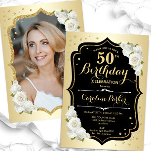 Invitation Glam Gold Black White Photo 50e anniversaire