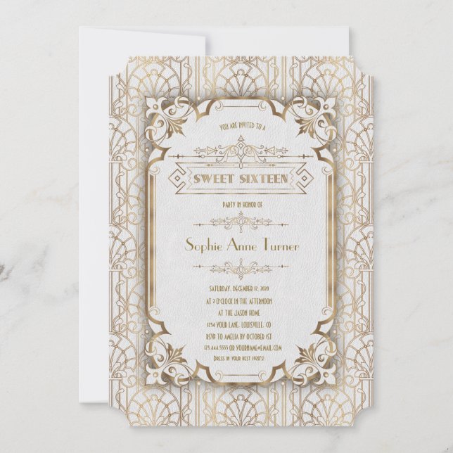 Invitation Glam Gold Blanc Grand Gatsby Sweet sixteen des ann (Devant)
