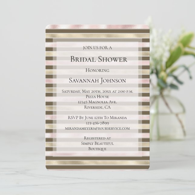 Invitation Glam Gold Blush Pink Brown Stripes Fête des mariée (Debout devant)
