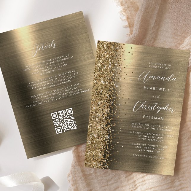 Invitation Glam Gold Brushed Metal QR Code Wedding (Créateur téléchargé)