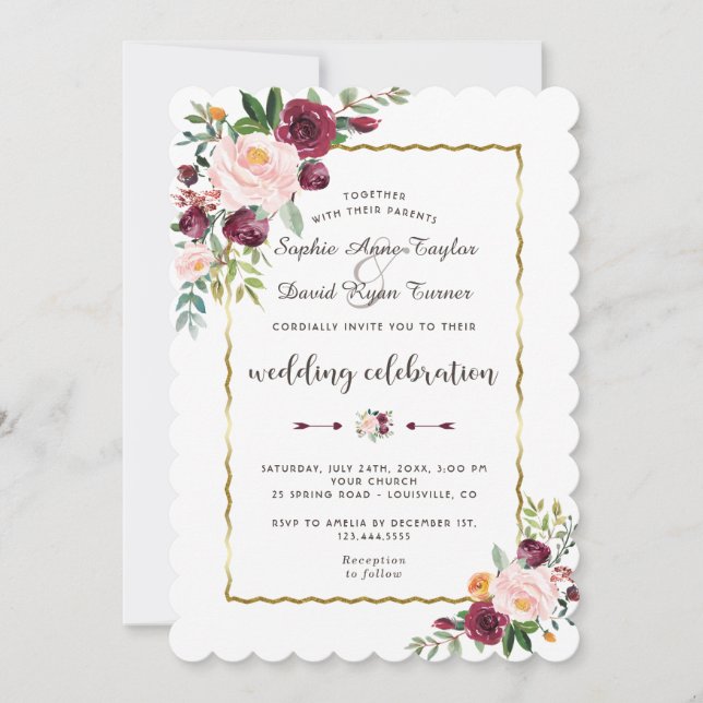 Invitation Glam Gold Burgundy Blush Bloom Floral Mariage (Devant)