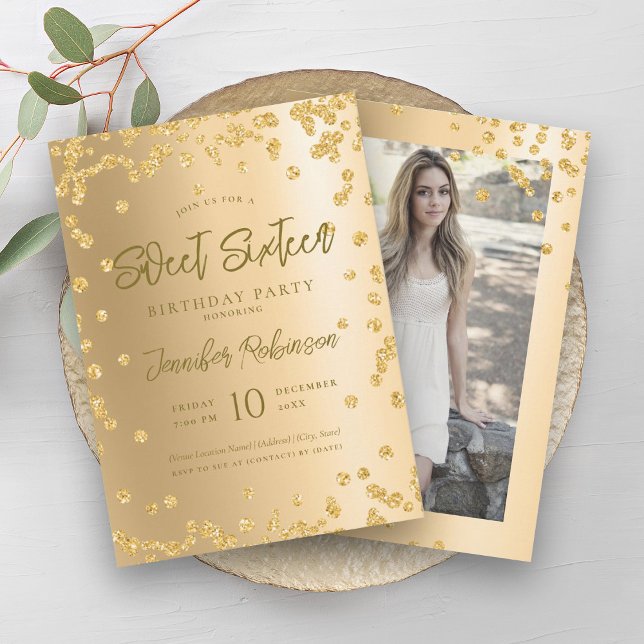 Invitation Glam Gold Chic Parties scintillant Photo Sweet 16 (Glam Gold Chic Glitter Photo Sweet 16 Invitation)