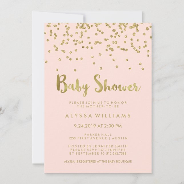 Invitation Glam Gold Confetti Baby shower sur Blush Pink (Devant)