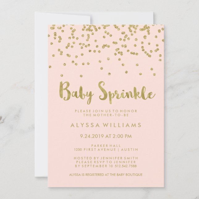 Invitation Glam Gold Confetti Bébé saupoudrer sur rose pâle (Devant)