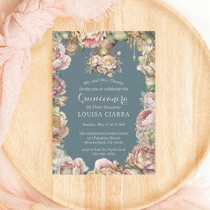 Invitation Glam Gold Couronne Diamond Fleurs Quinceanera