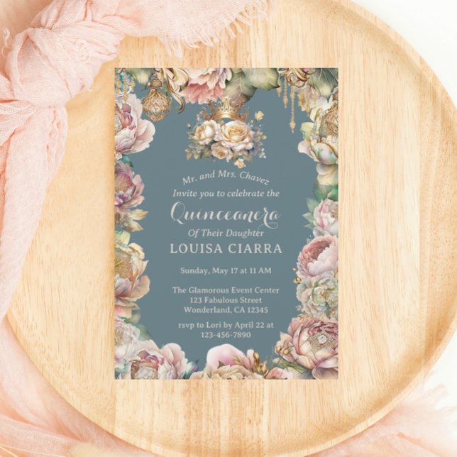 Invitation Glam Gold Couronne Diamond Fleurs Quinceanera (Créateur téléchargé)