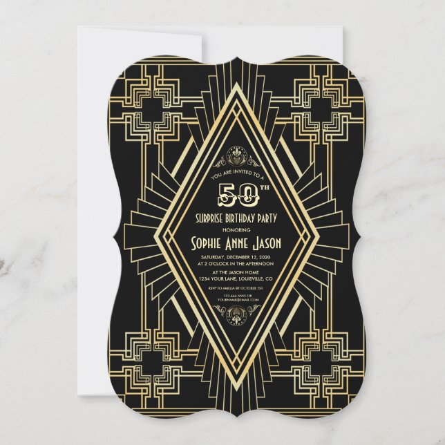 Invitation Glam Gold et Black Great Gatsby 50 fête d'annivers (Devant)