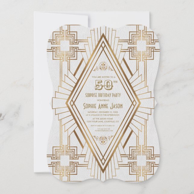 Invitation Glam Gold et White Great Gatsby 50 Anniversaire (Devant)