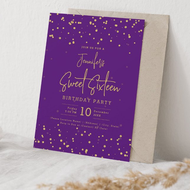 Invitation Glam Gold Faux Foil Dots doux 16 violet (Glam Gold Faux Foil Dots Sweet 16 Purple Invitation)