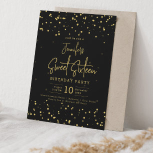 Invitation Glam Gold Faux Foil Dots Sweet 16 Black