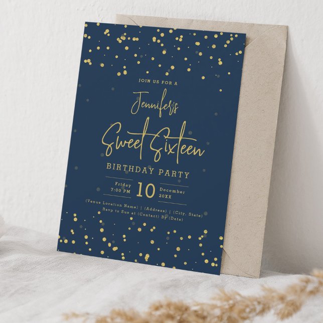 Invitation Glam Gold Faux Foil Dots Sweet 16 Navy Blue (Glam Gold Faux Foil Dots Sweet 16 Navy Blue Invitation)
