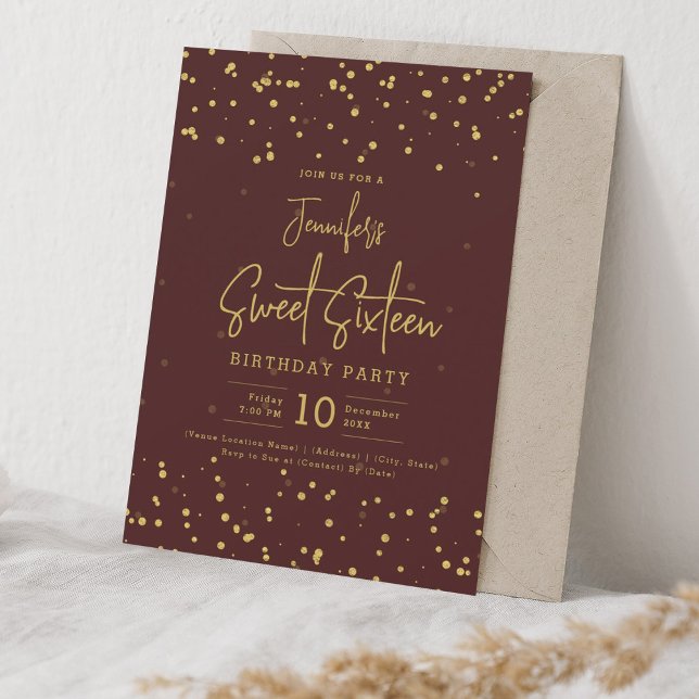Invitation Glam Gold Faux Foil Dots Sweet 16 Party Bourgogne (Glam Gold Faux Foil Dots Sweet 16 Party Burgundy Invitation)