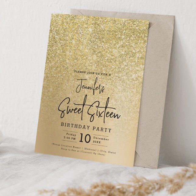 Invitation Glam Gold Faux Parties scintillant Sparkle Sweet 1 (Glam Gold Faux Glitter Sparkle Sweet 16 Party Invitation)