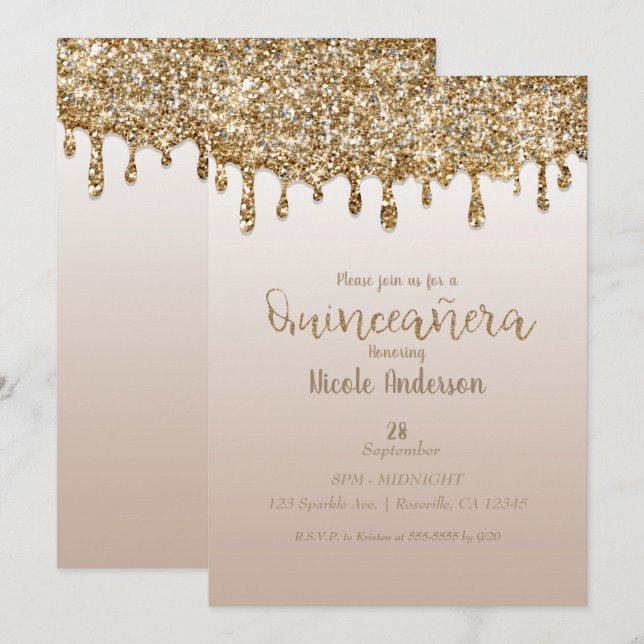 Invitation Glam Gold Glitter Drip Quinceañera 15 Anniversaire (Devant / Derrière)