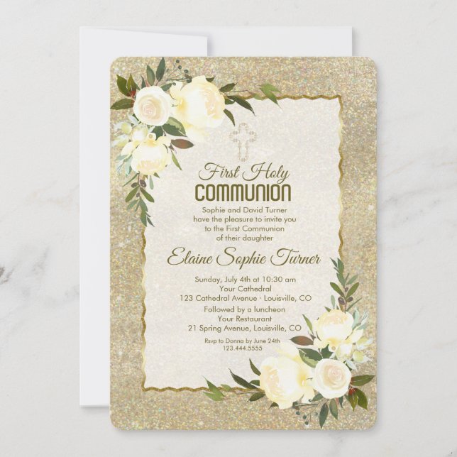 Invitation Glam Gold Glitter White Roses First Holy Communion (Devant)