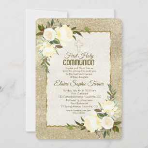 Invitation Glam Gold Glitter White Roses First Holy Communion